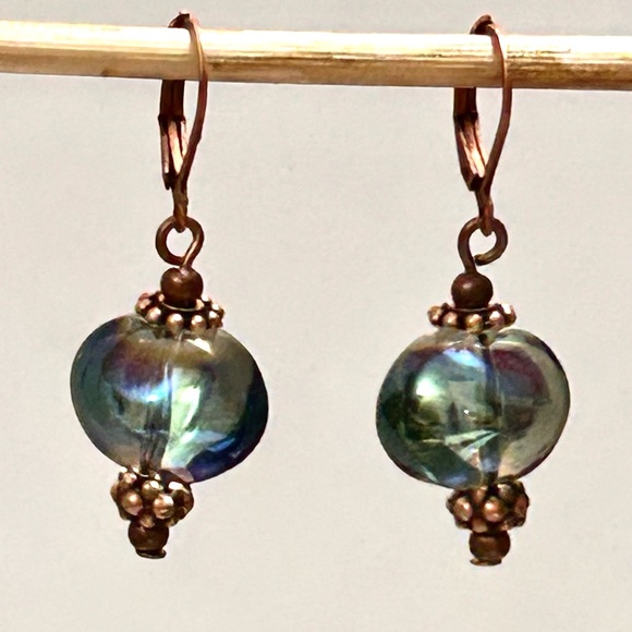 Antique Copper and Iridescent Czech Glass Earrings - Picture 10 of 12